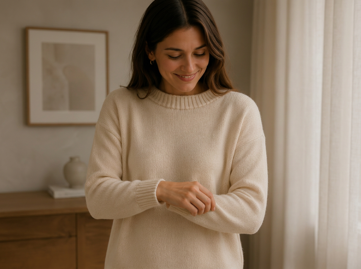 Mujer sonriendo con su sweater renovado sin pelusas