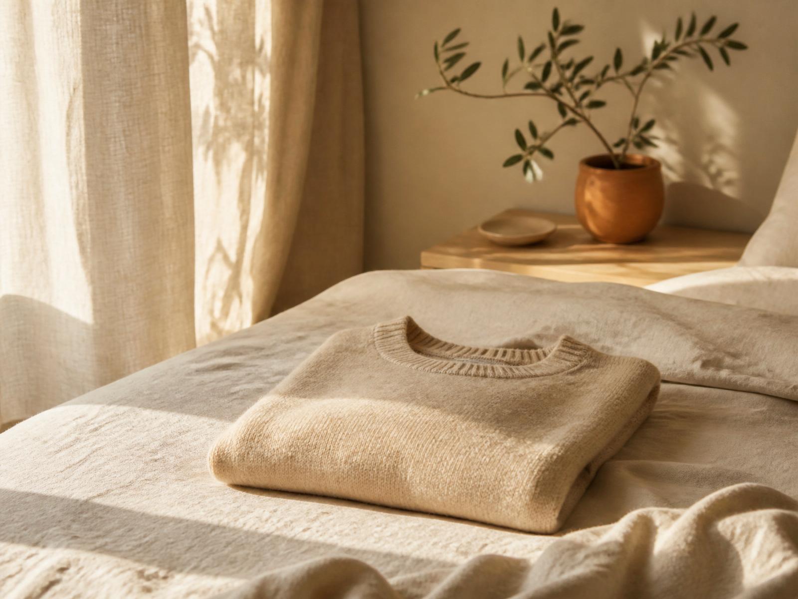 Un sweater de lino cuidadosamente doblado en una cama con luz de mañana